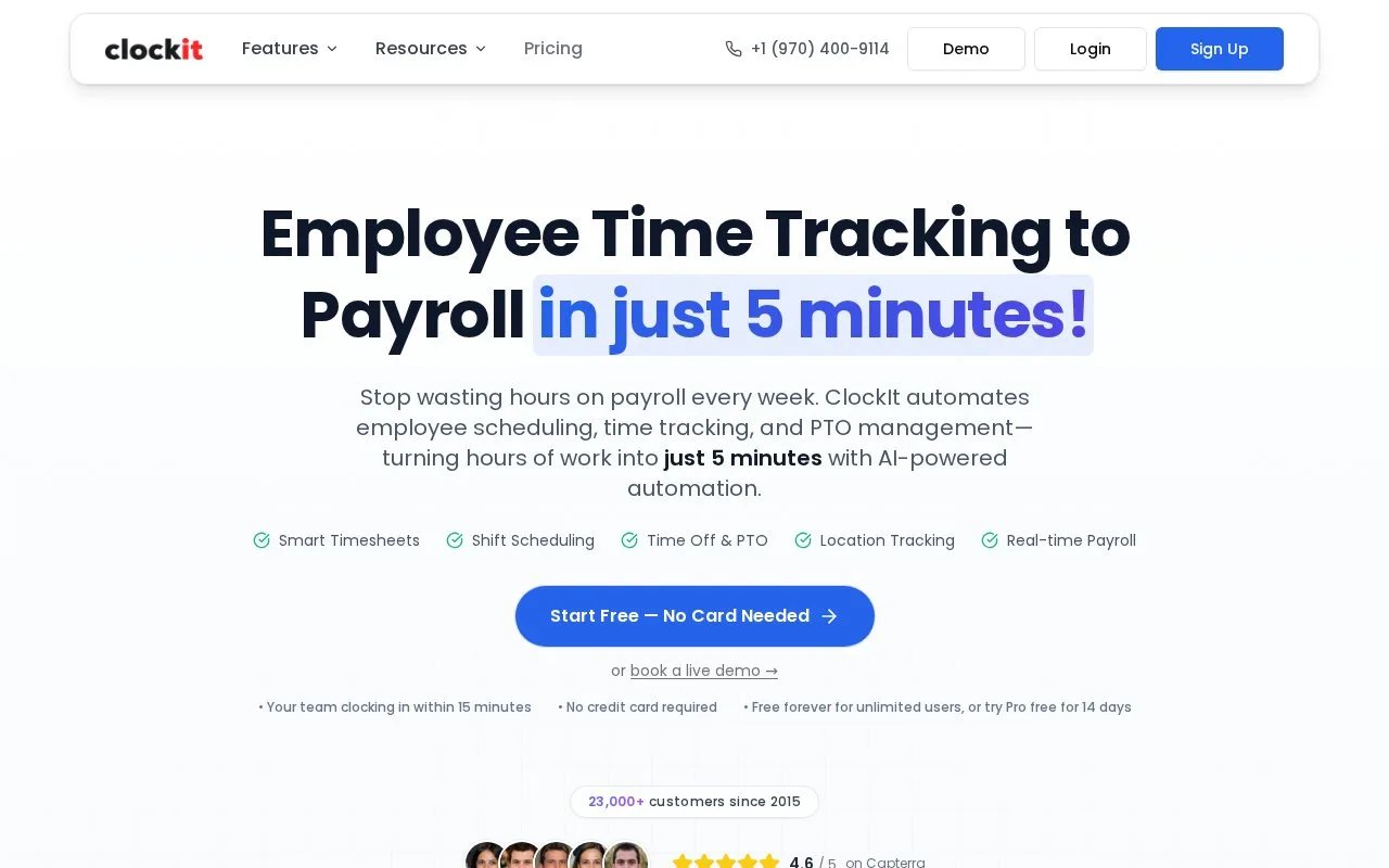 Screenshot of the ClockIt homepage