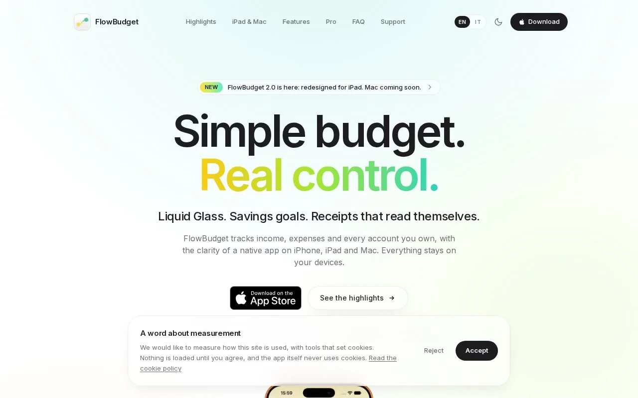 Screenshot of the FlowBudget homepage