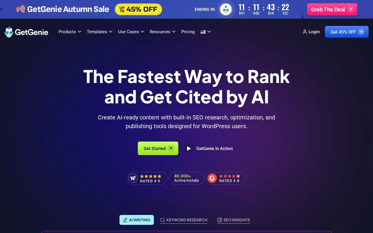 Screenshot of the GetGenie homepage