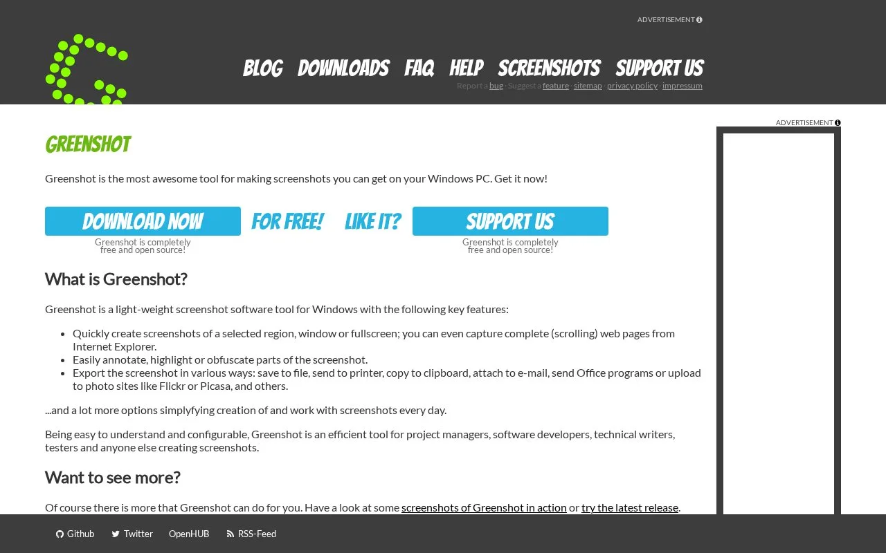 Screenshot of the Greenshot homepage