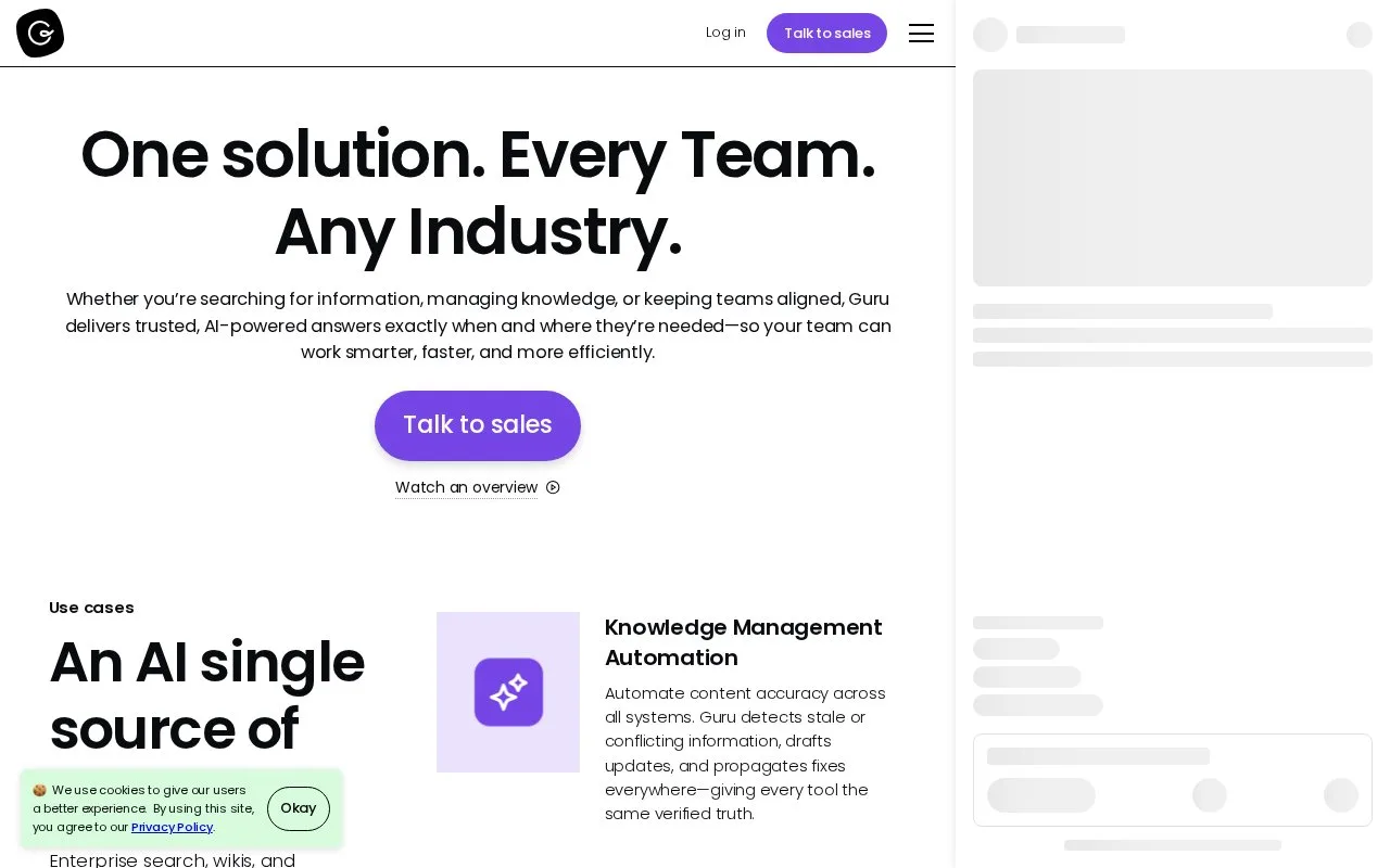 Screenshot of the Guru homepage