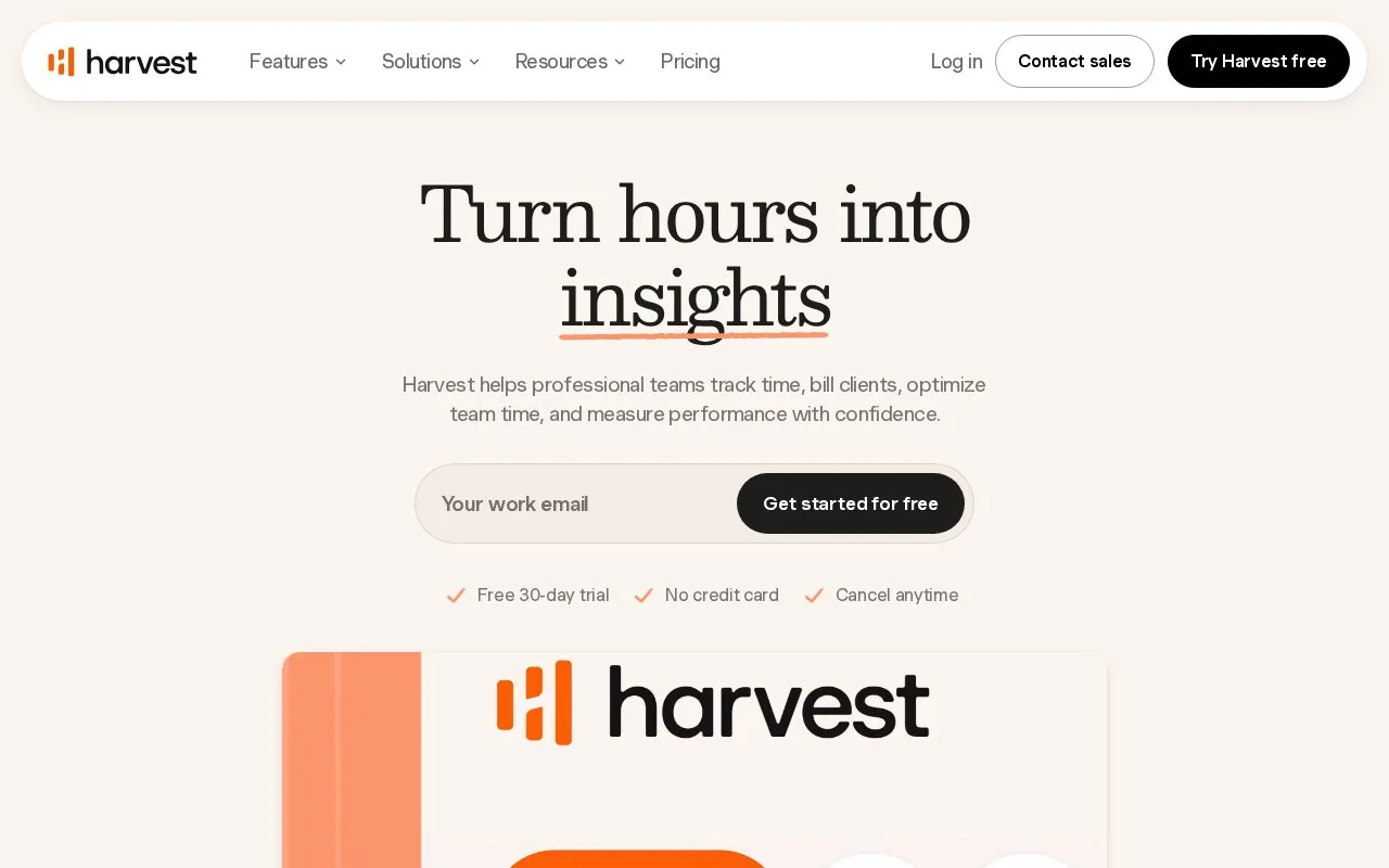 Screenshot of the Harvest homepage