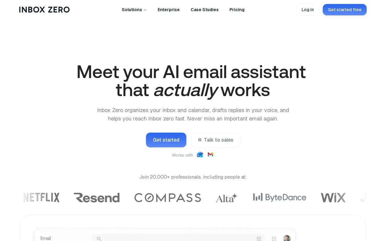 Screenshot of the Inbox Zero homepage