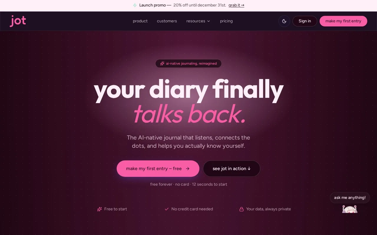 Screenshot of the Jot homepage