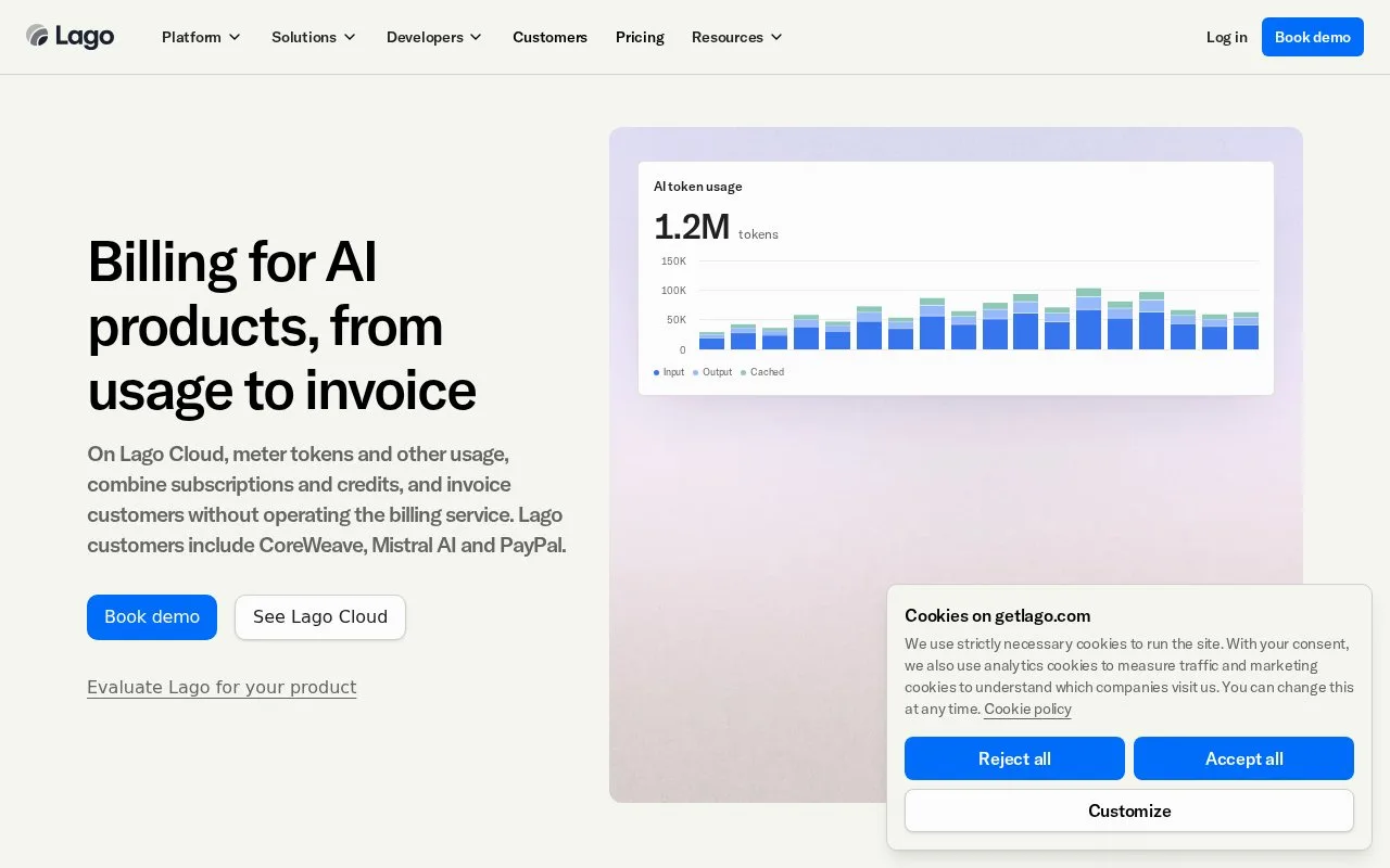 Screenshot of the Lago homepage