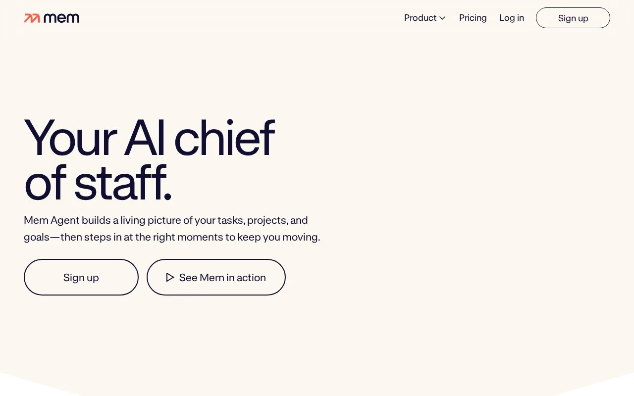Screenshot of the Mem homepage