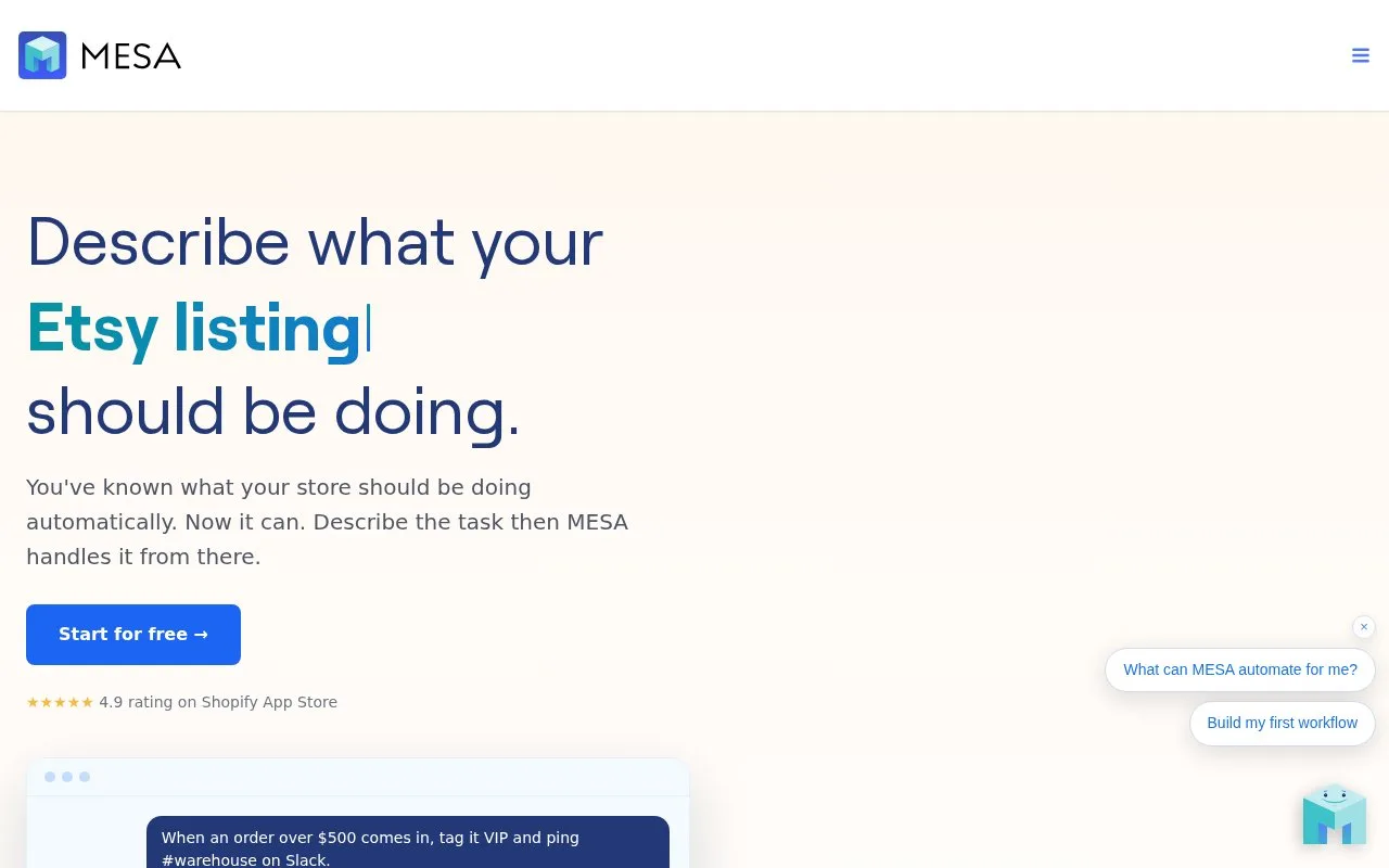 Screenshot of the MESA homepage