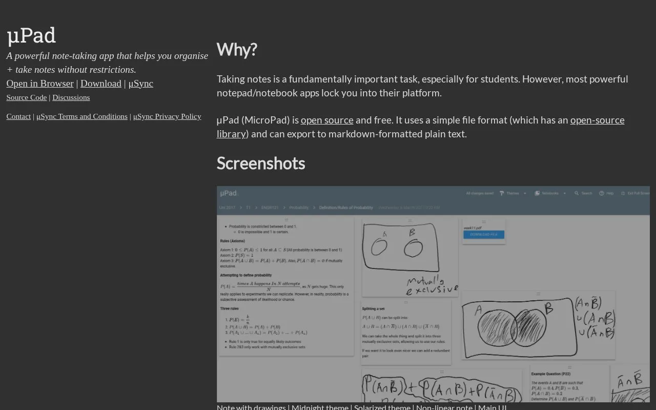 Screenshot of the μPad homepage
