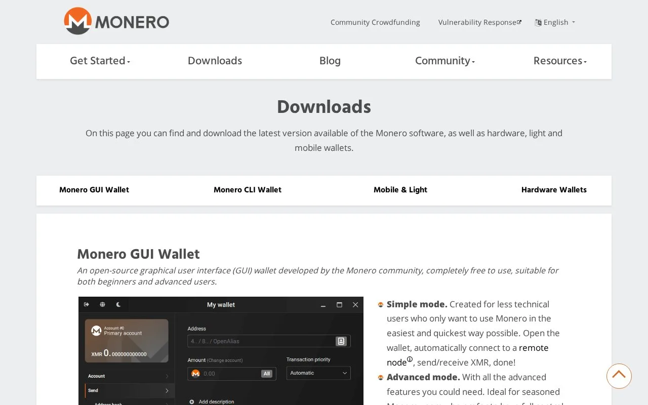 Screenshot of the Monero GUI homepage