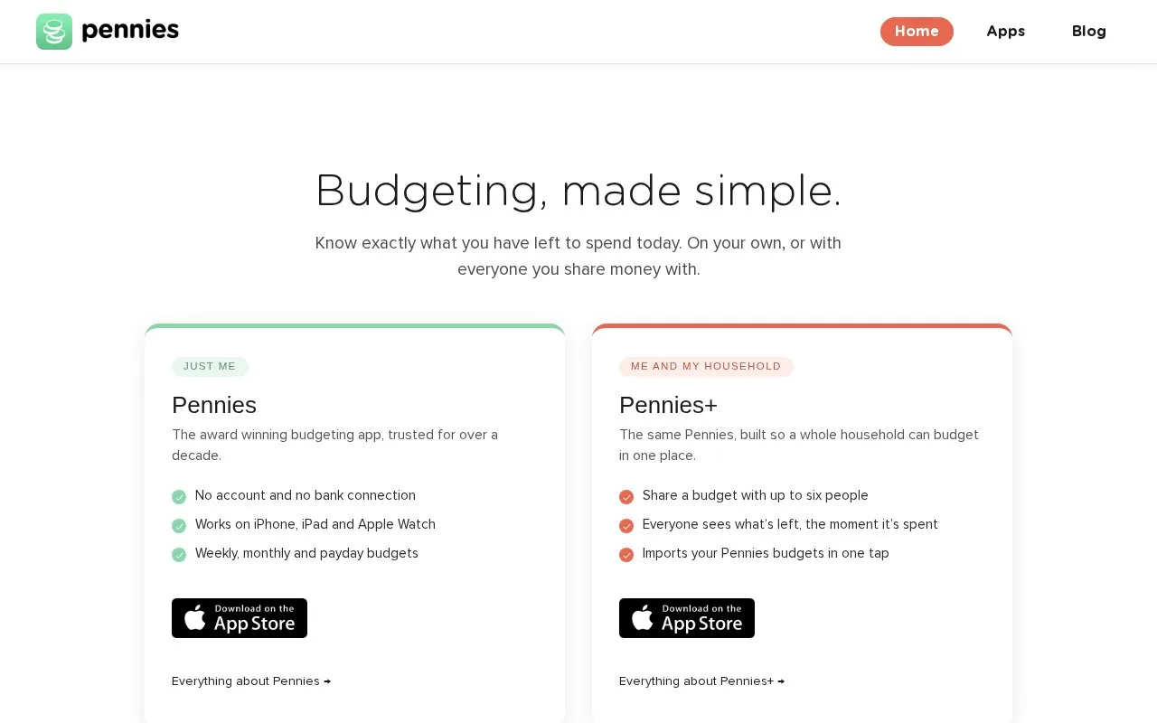 Screenshot of the Pennies homepage