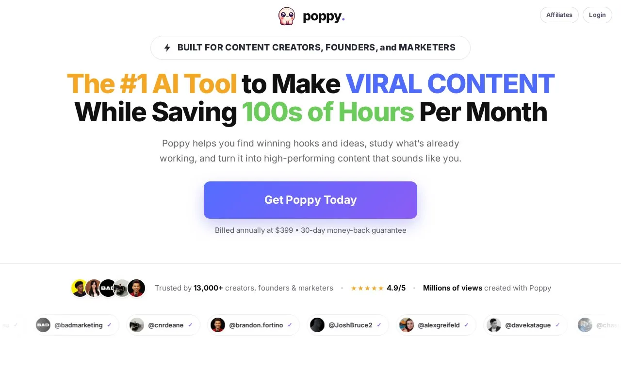 Screenshot of the Poppy AI homepage