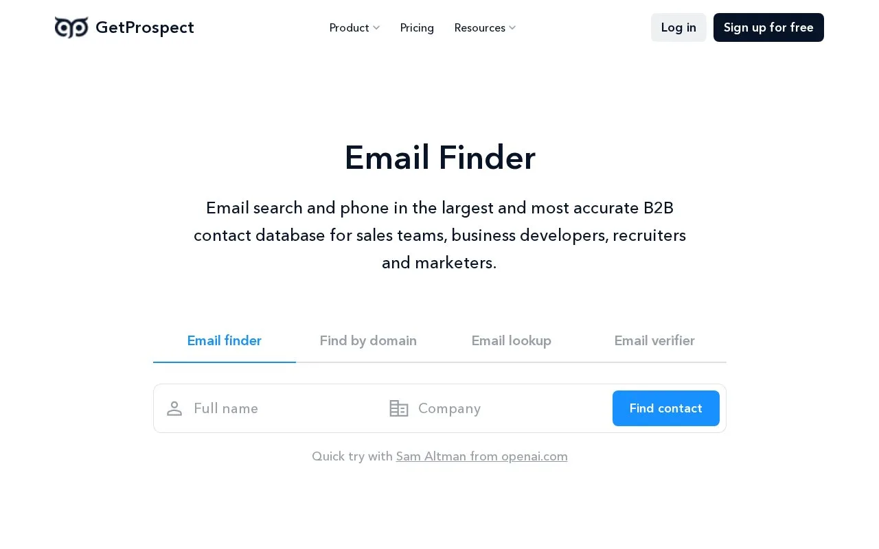 Screenshot of the GetProspect homepage