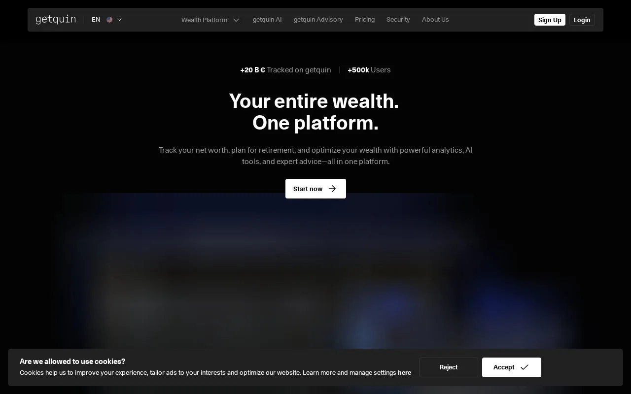 Screenshot of the getquin homepage
