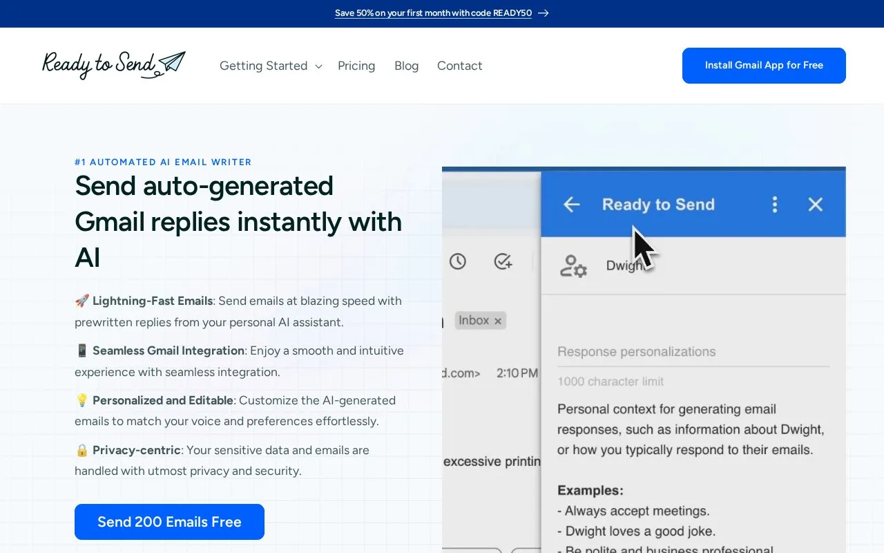 Screenshot of the Ready to Send homepage