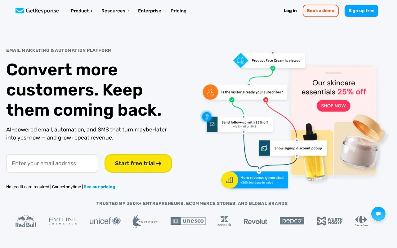 Screenshot of the GetResponse homepage