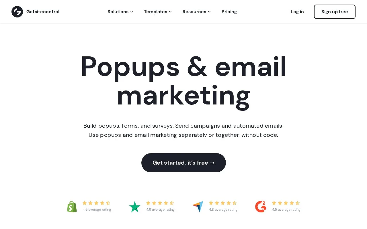 Screenshot of the Getsitecontrol homepage