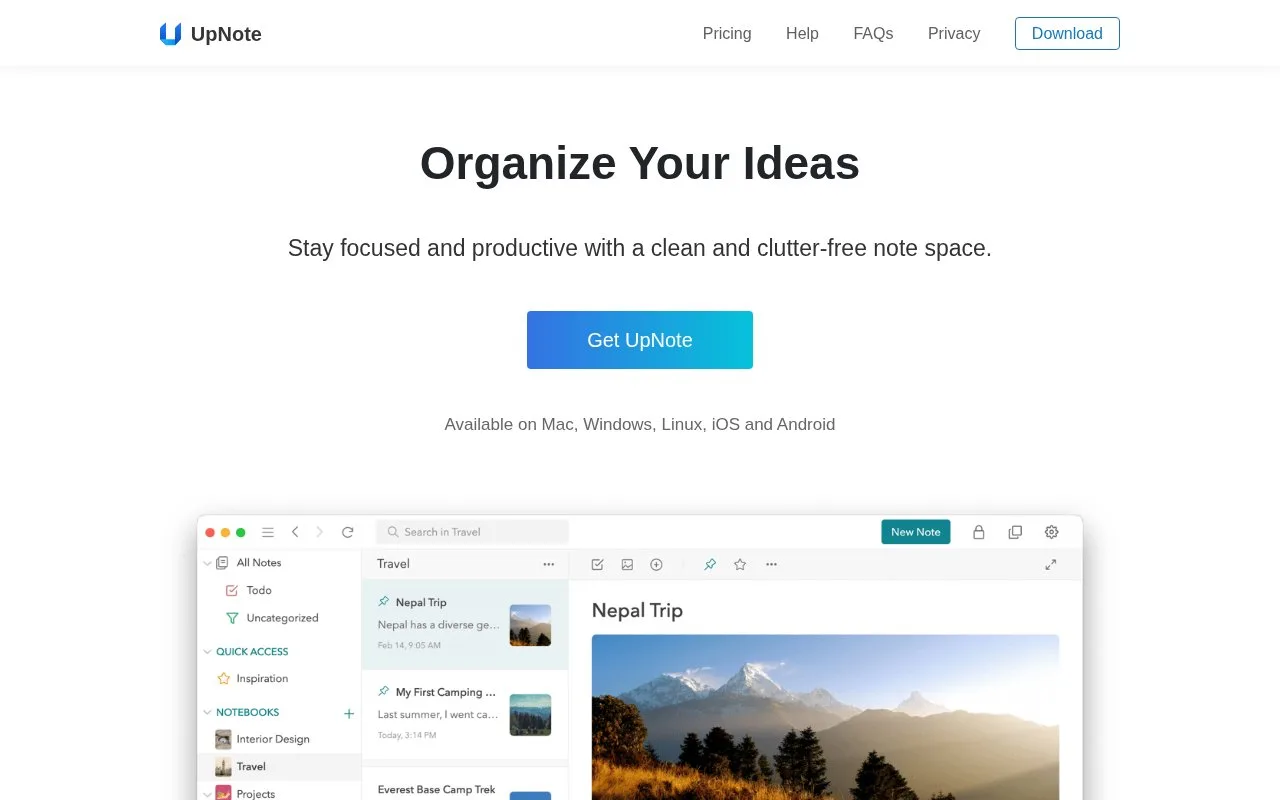 Screenshot of the UpNote homepage
