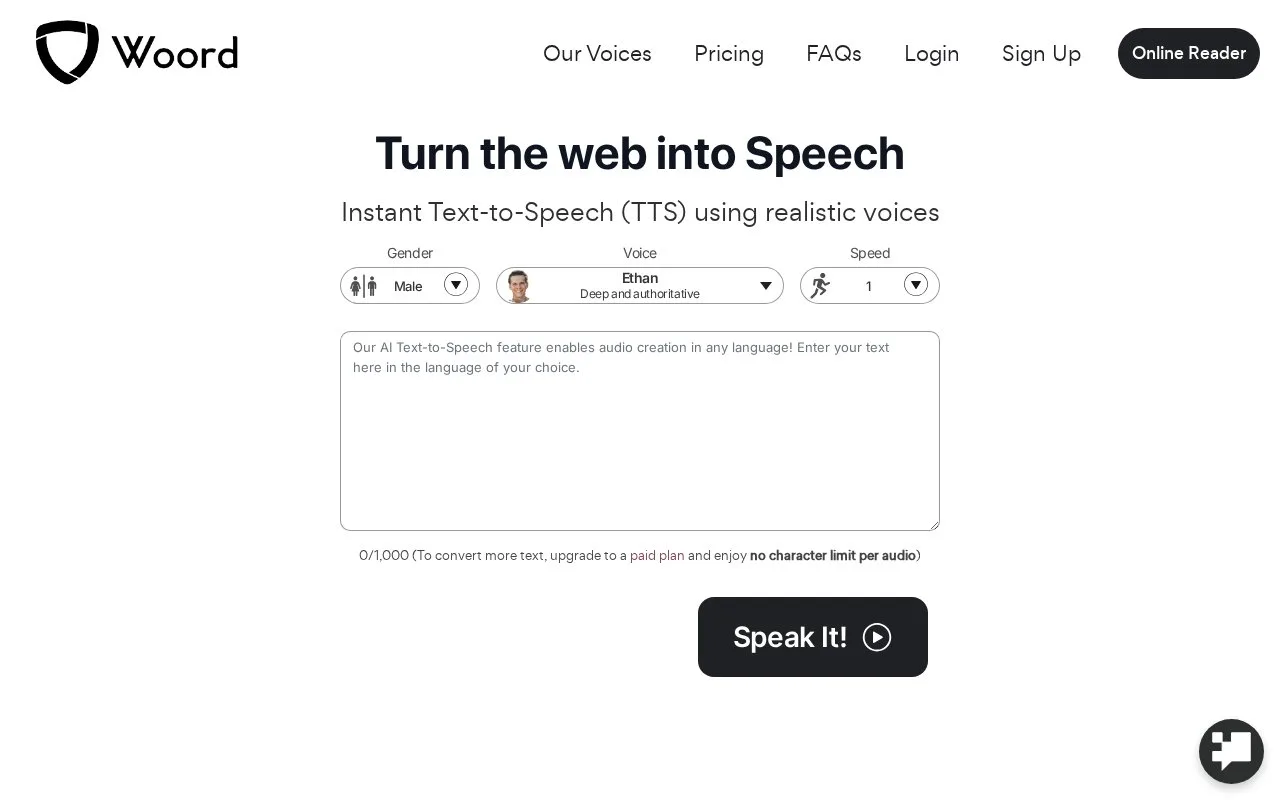 Screenshot of the Woord homepage