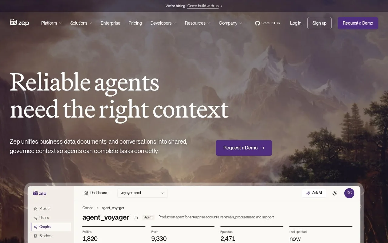 Screenshot of the Zep homepage