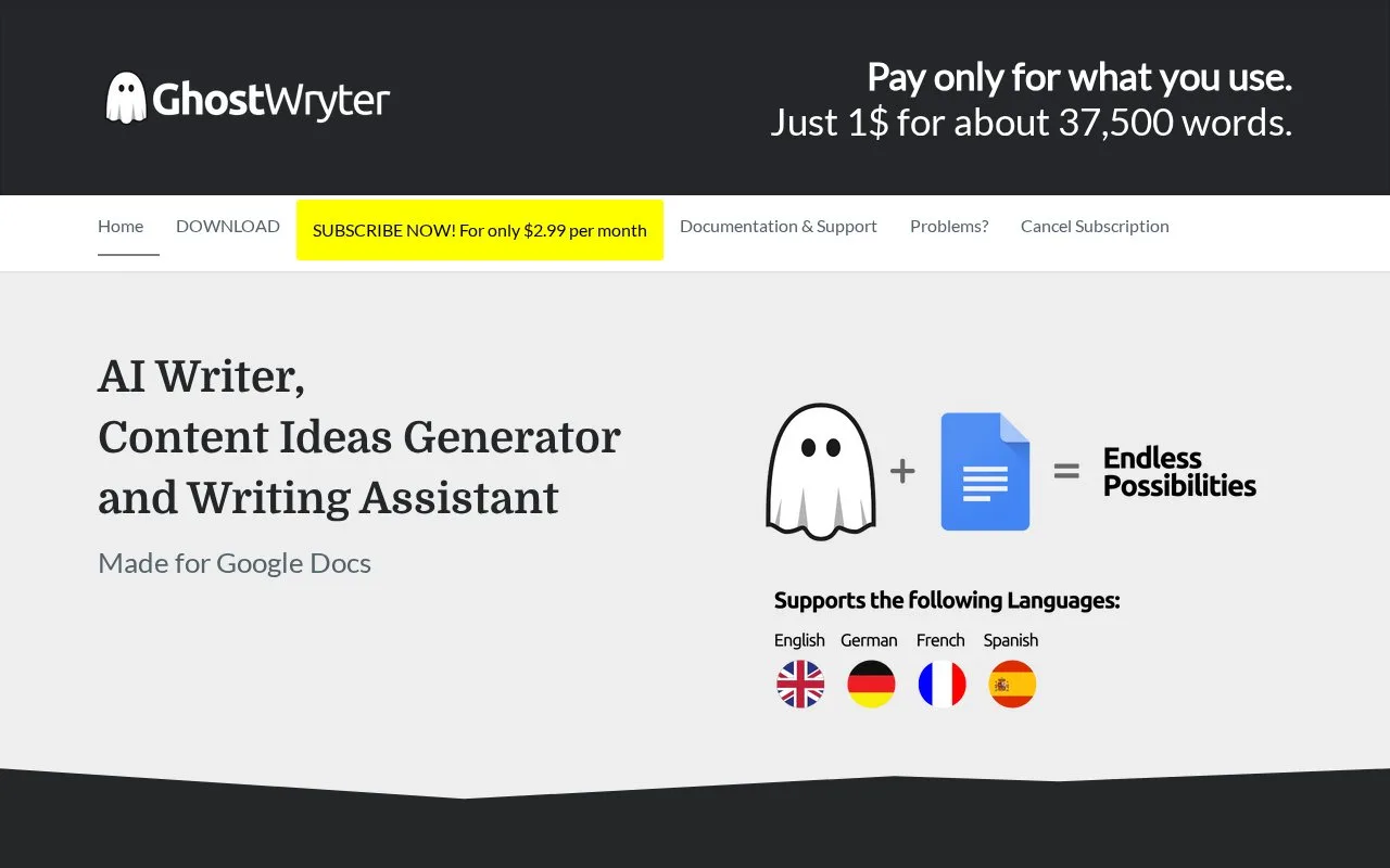 Screenshot of the GhostWryter homepage