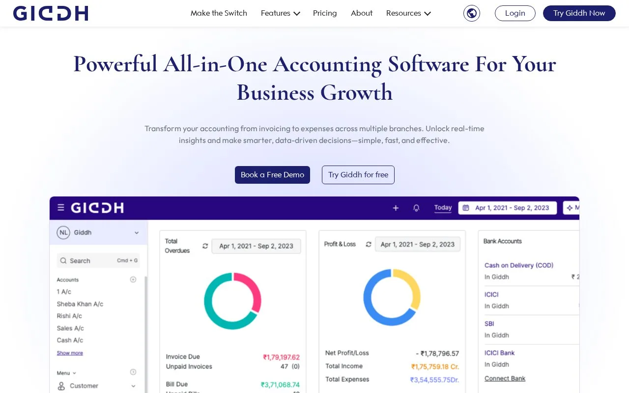 Screenshot of the Giddh homepage
