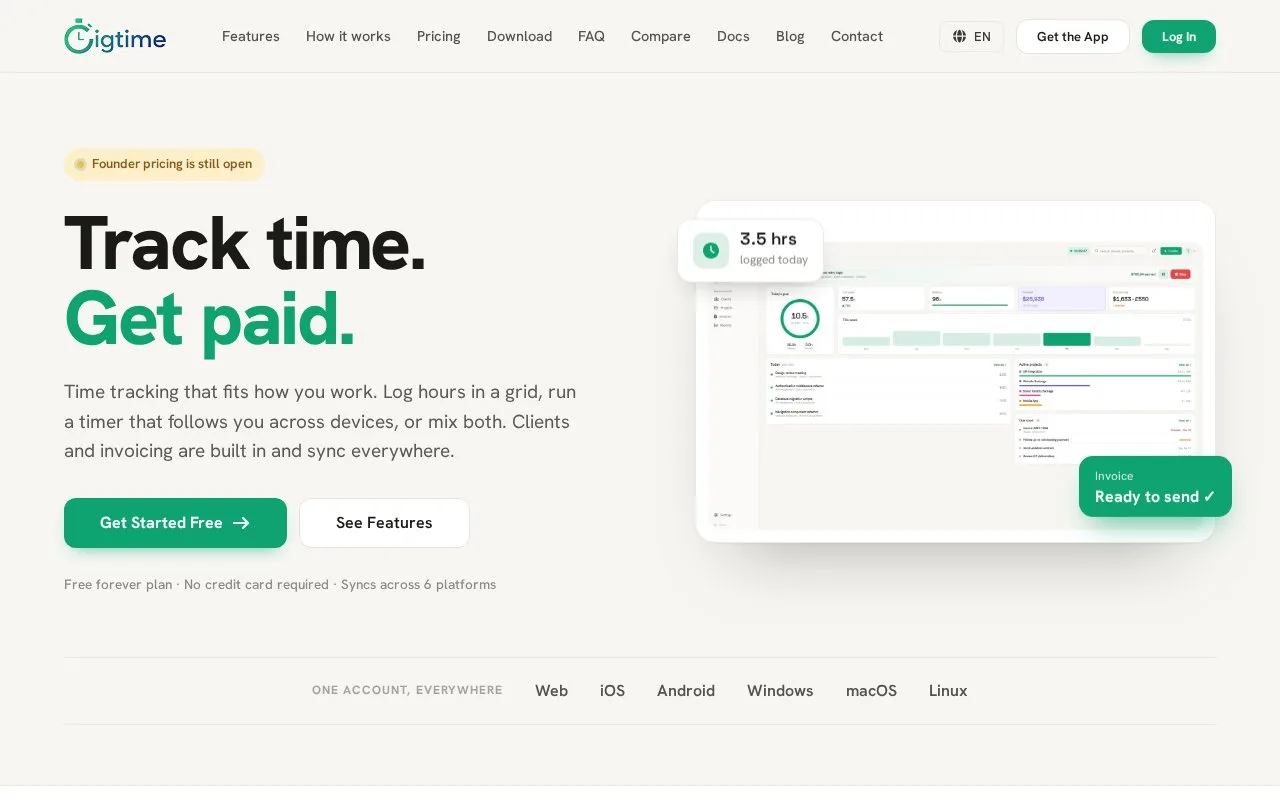 Screenshot of the Gigtime homepage