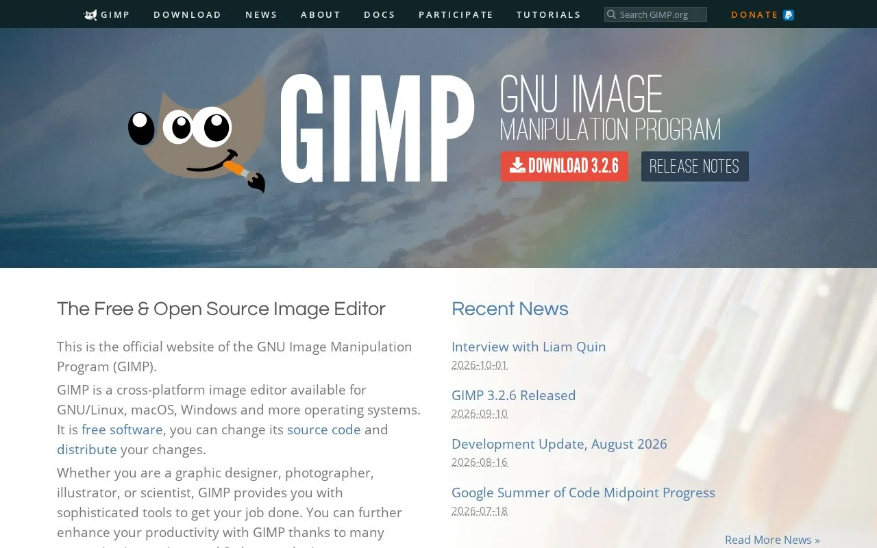 Screenshot of the GIMP homepage