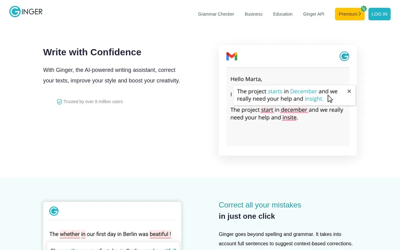 Screenshot of the Ginger Software homepage