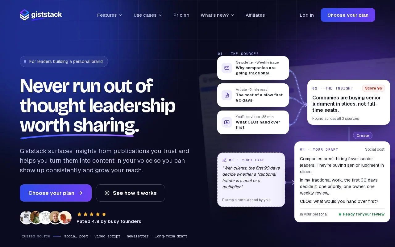Screenshot of the Giststack homepage