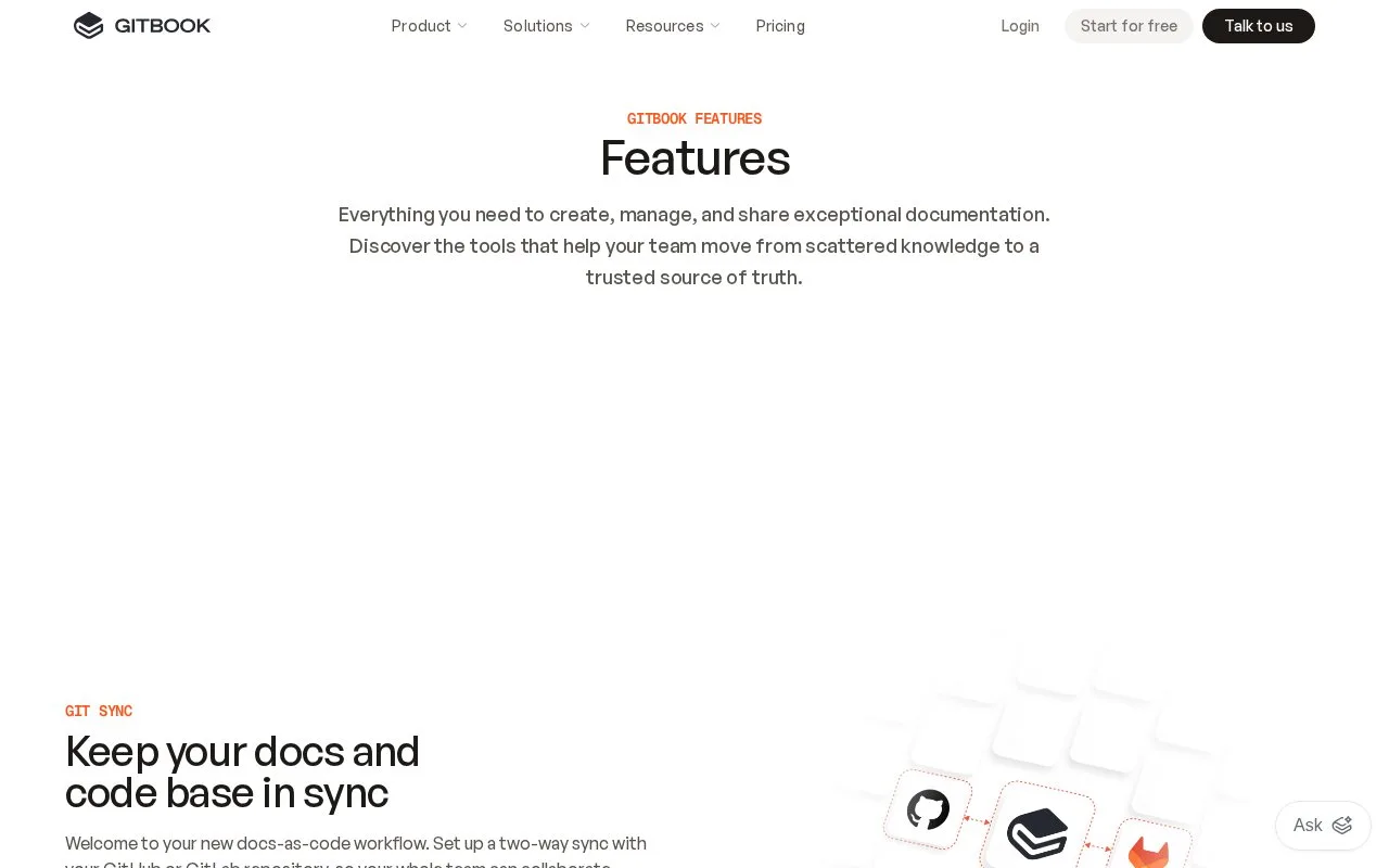 Screenshot of the GitBook homepage
