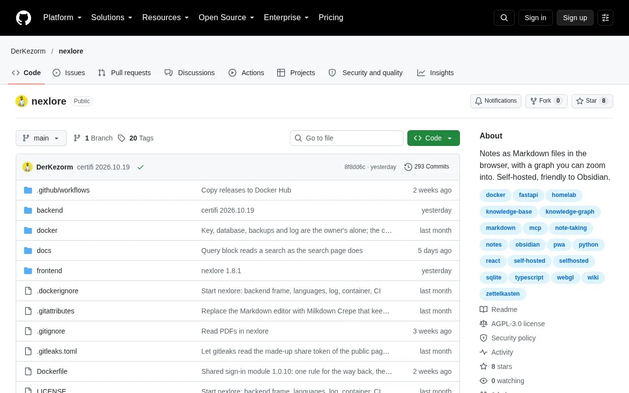 Screenshot of the Nexlore homepage