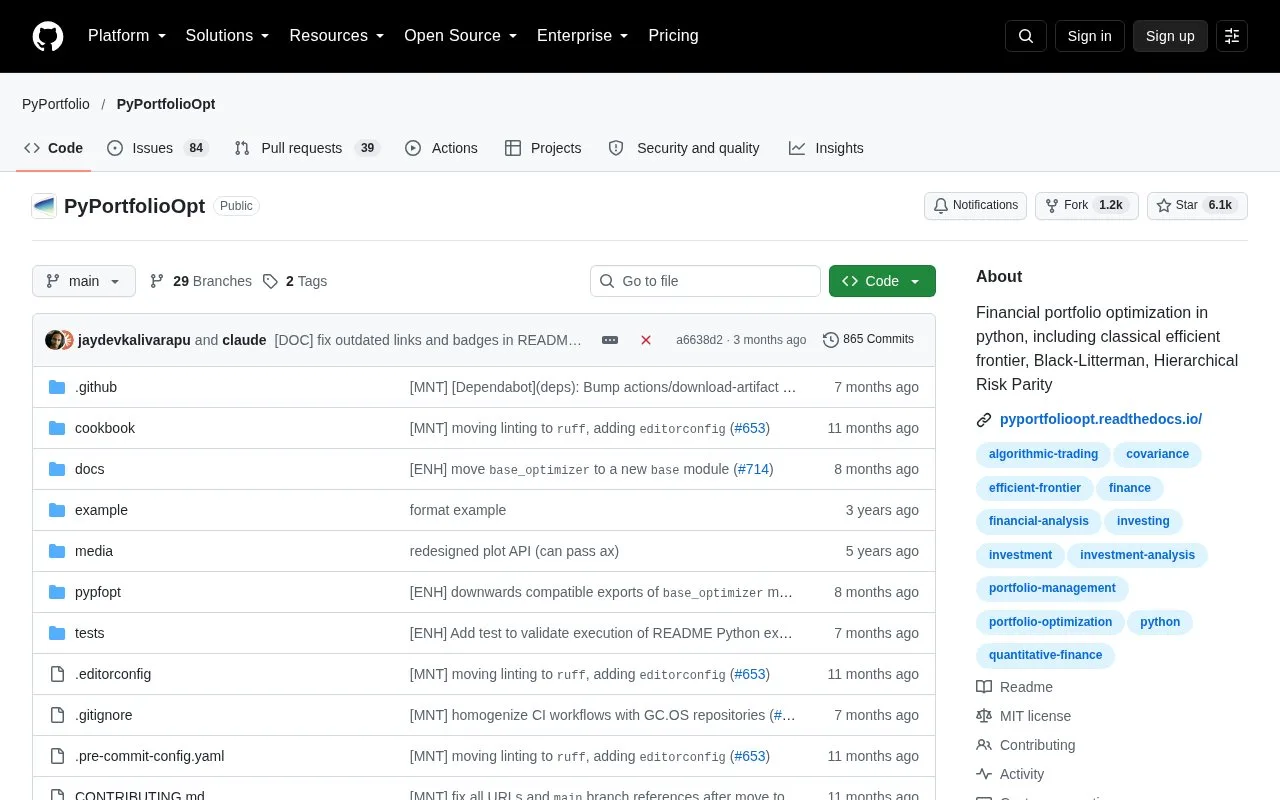 Screenshot of the PyPortfolioOpt homepage