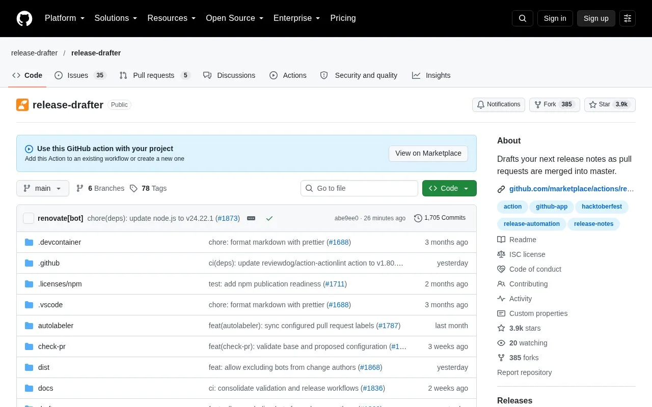 Screenshot of the Release Drafter GitHub Action homepage