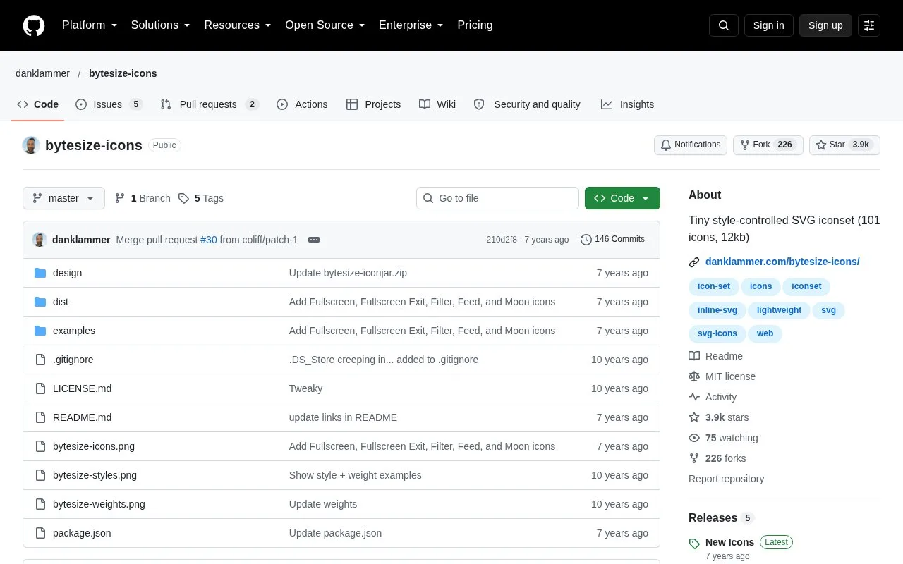 Screenshot of the Bytesize Icons homepage