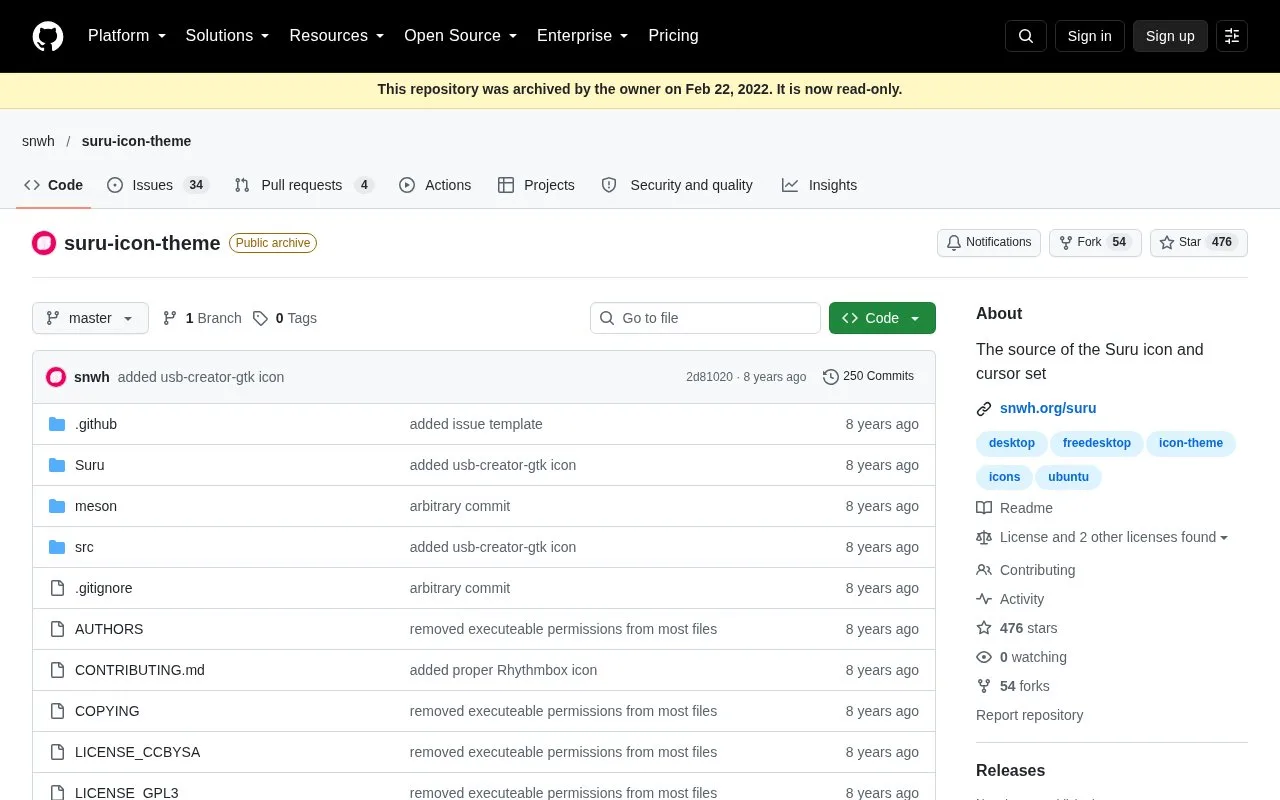 Screenshot of the Suru Icons homepage