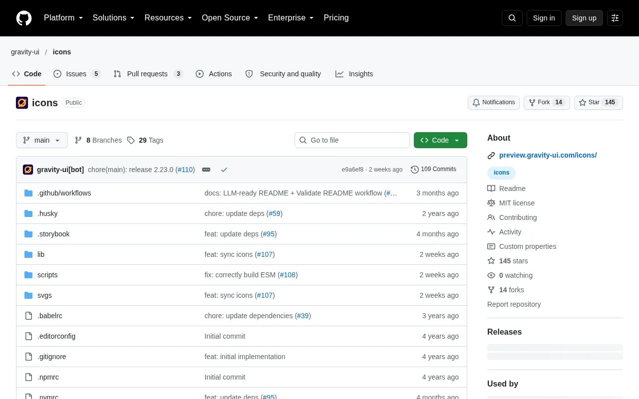 Screenshot of the Gravity UI Icons homepage