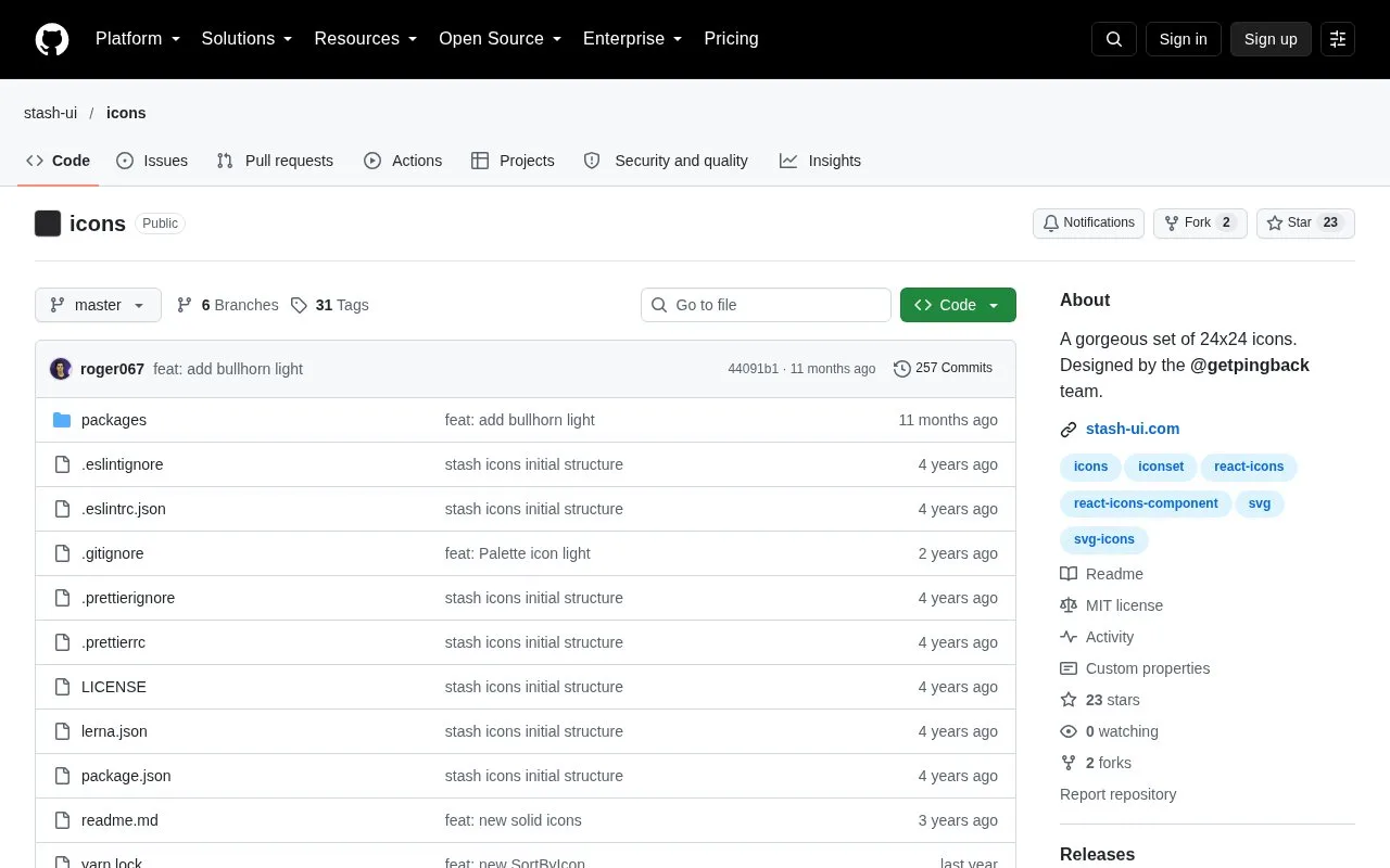 Screenshot of the Stash Icons homepage
