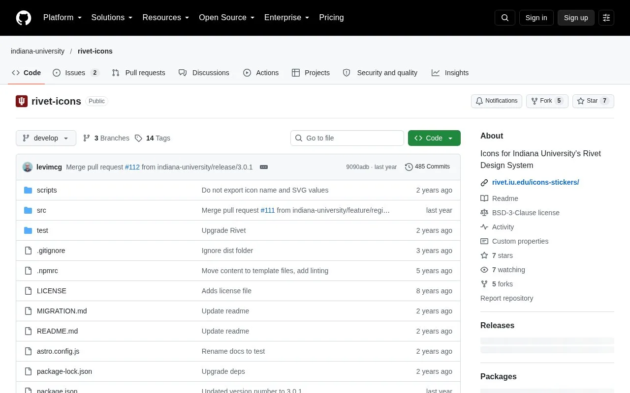 Screenshot of the Rivet Icons homepage