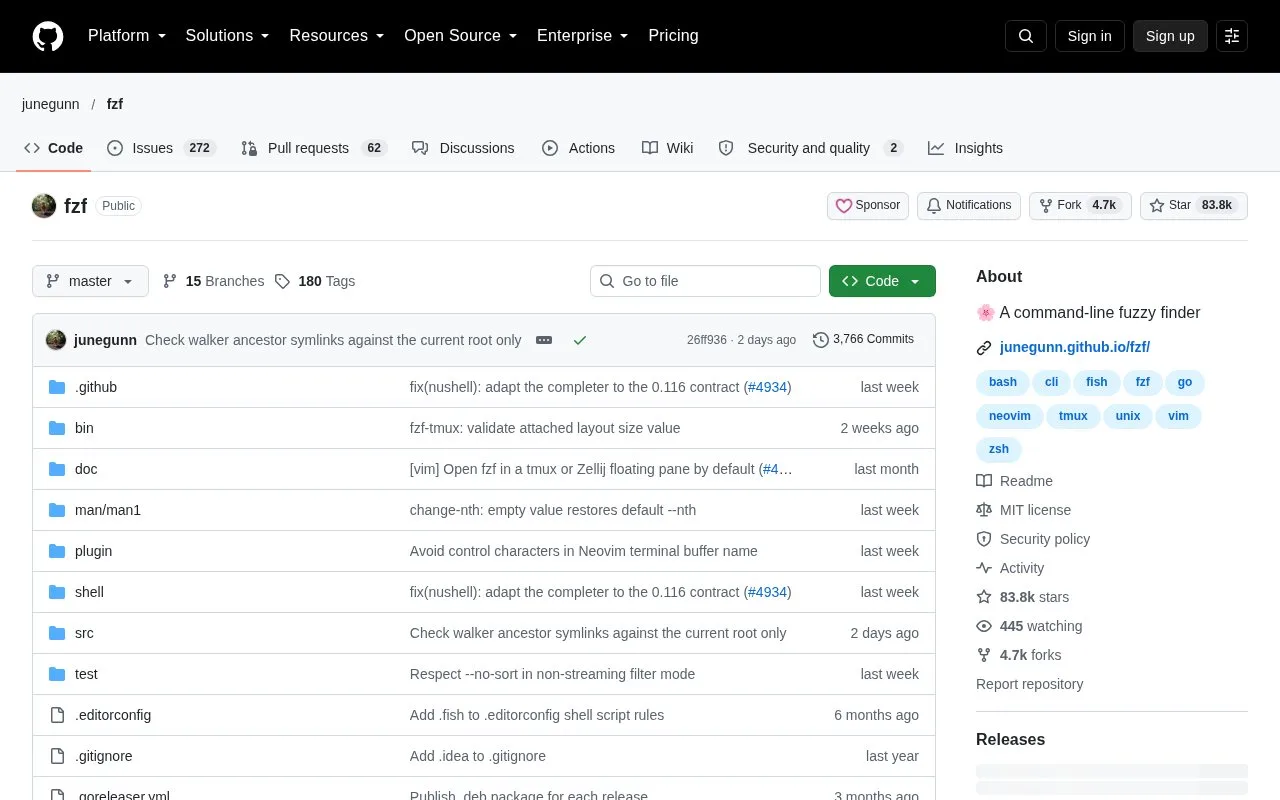 Screenshot of the fzf homepage