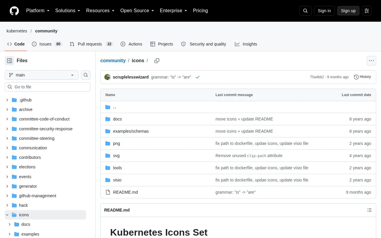 Screenshot of the Kubernetes Icons Set homepage