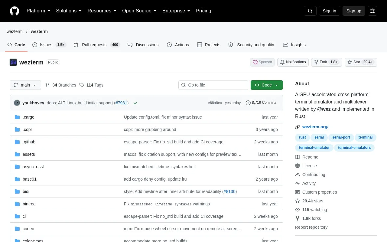 Screenshot of the WezTerm homepage