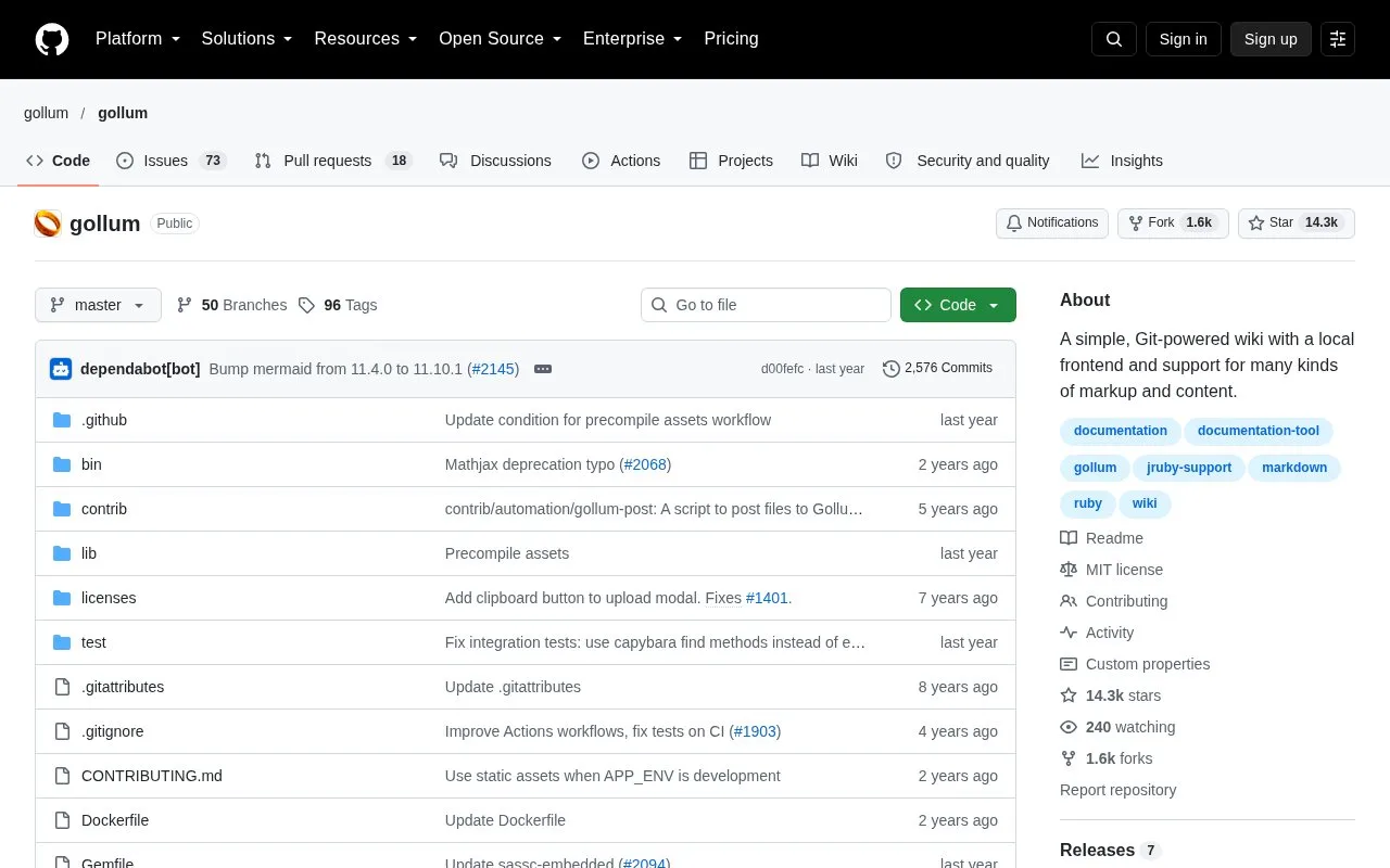 Screenshot of the Gollum homepage
