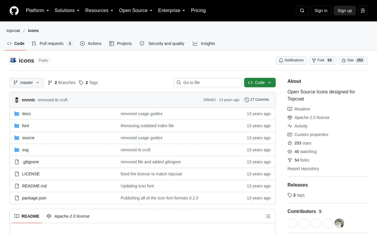 Screenshot of the Topcoat Icons homepage