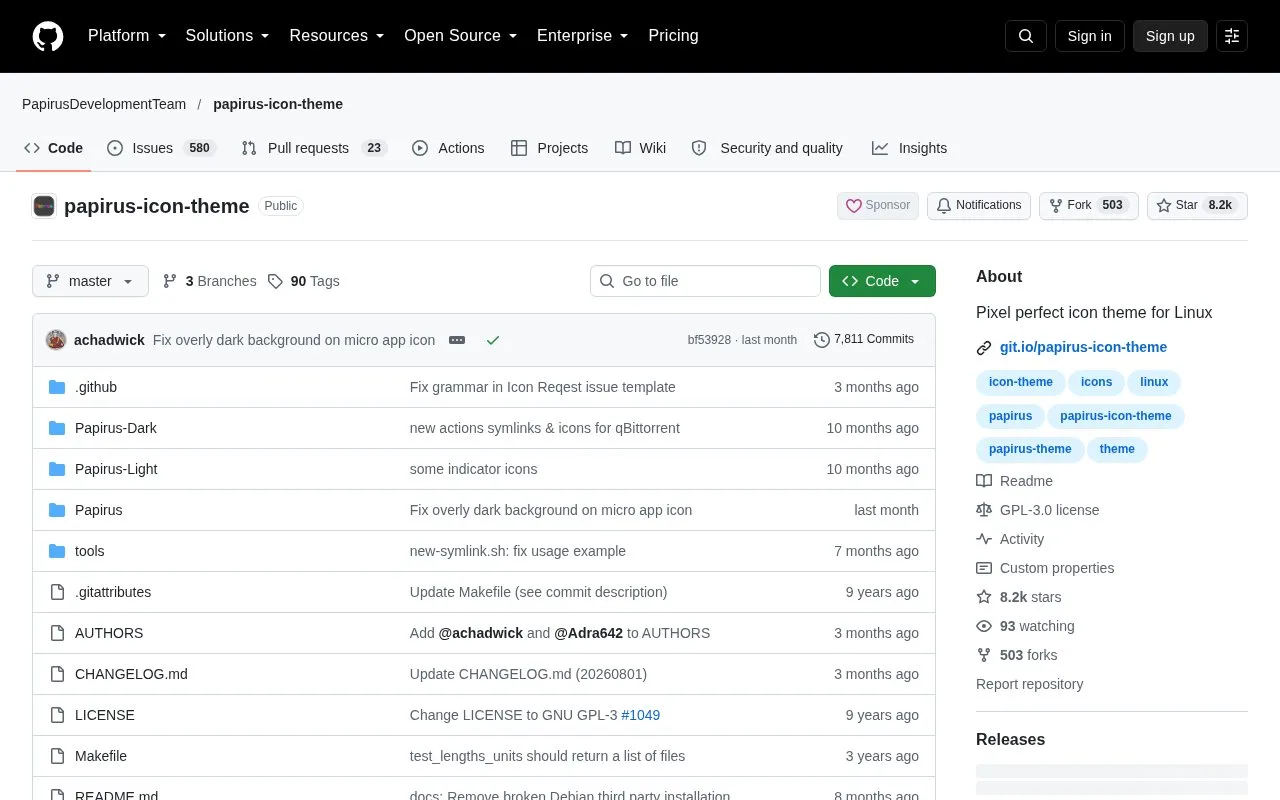 Screenshot of the Papirus Icon Theme homepage