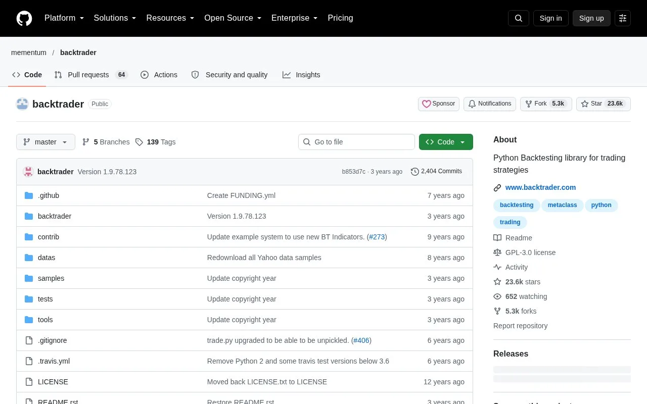 Screenshot of the Backtrader homepage