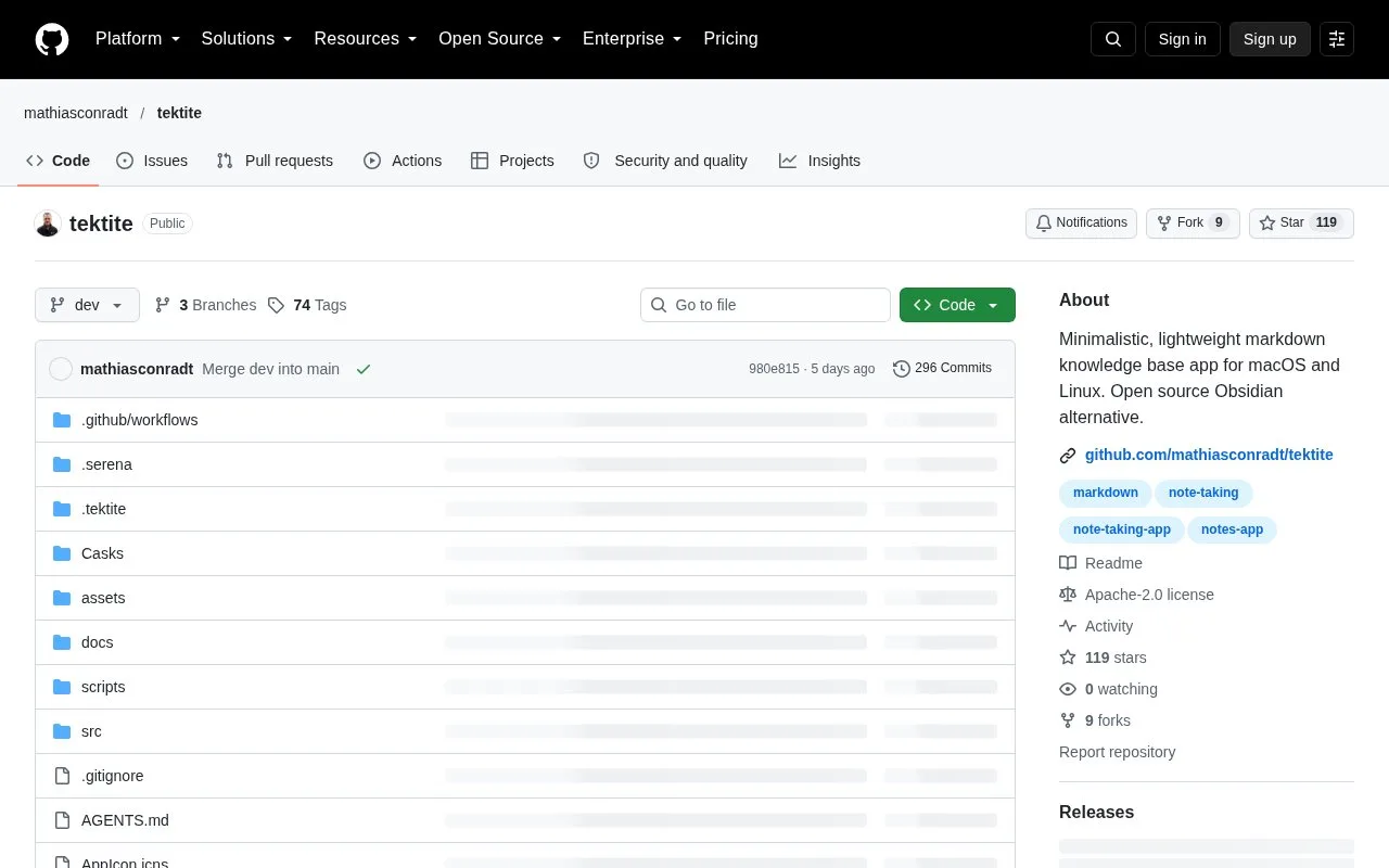 Screenshot of the Tektite homepage