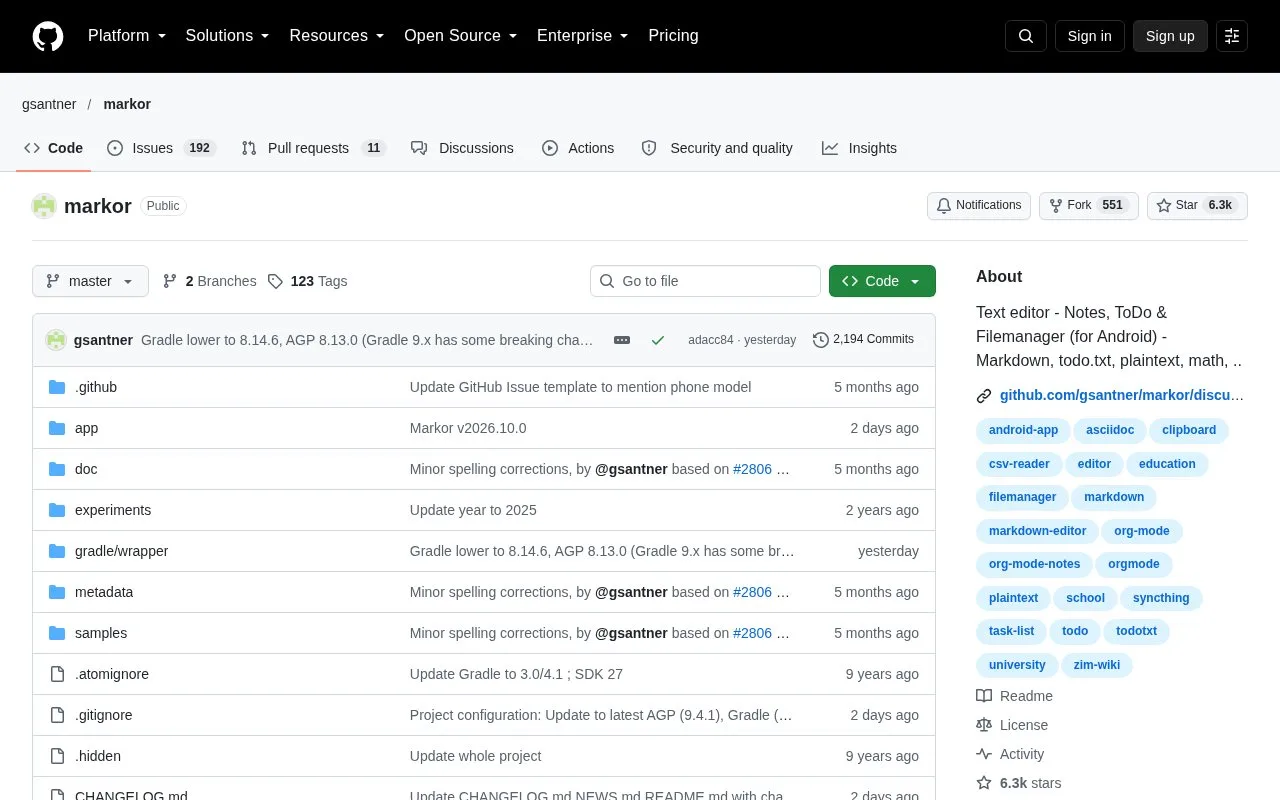 Screenshot of the Markor homepage