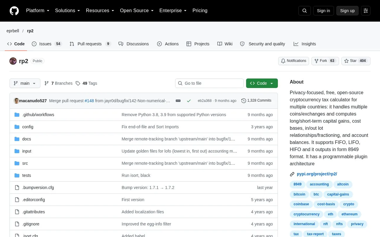 Screenshot of the RP2 homepage