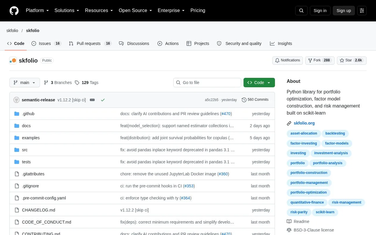 Screenshot of the skfolio homepage