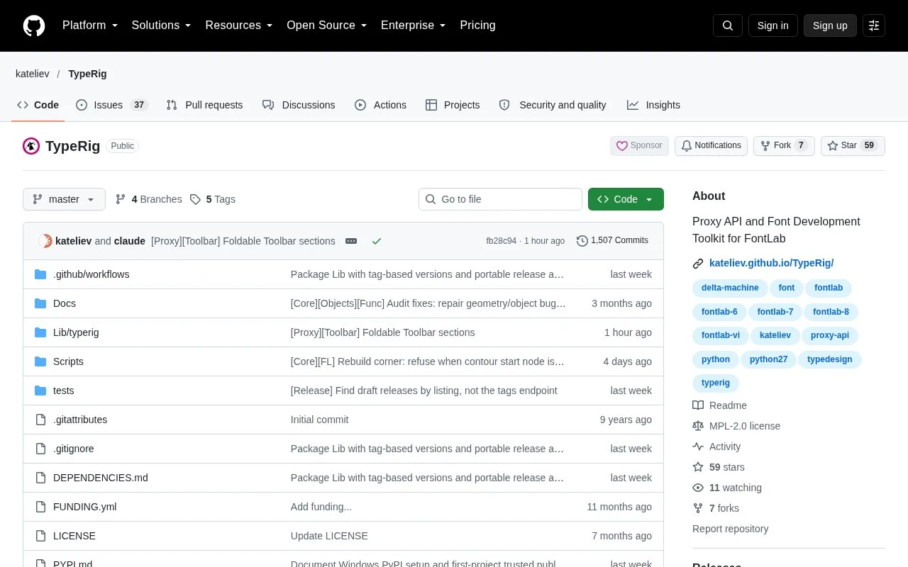 Screenshot of the TypeRig homepage